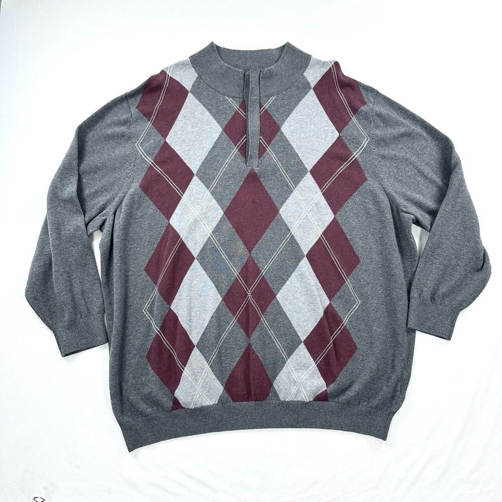 Oak Hill Quarter Zip Sweater Mens 3XL Gray Argyle Cotton Knit Preppy Classic